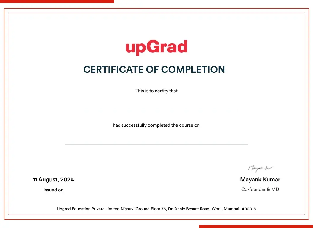Sample upGrad certificate of completion